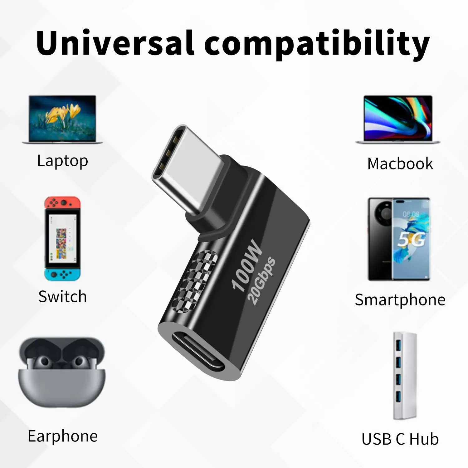 PD 100w, 90 Degreer USB Type C Male to Female Support 20Gbps Data Transfer for steam Deck Accessories, Laptop, Tablet 2 Pack
