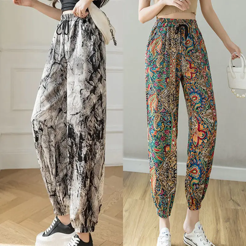 

Leisure pants for women in summer, thin ink print, loose ankle nine point floral pants, ice silk Harlan pants, 2024 new model