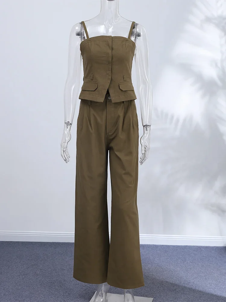 Y2k Women's Chest Wrap Vest Pant Suit 2026 Slim Sleeveless Cowboy Top High Waist Button Jeans Female Sets Fashion Solid Lady Set view 4