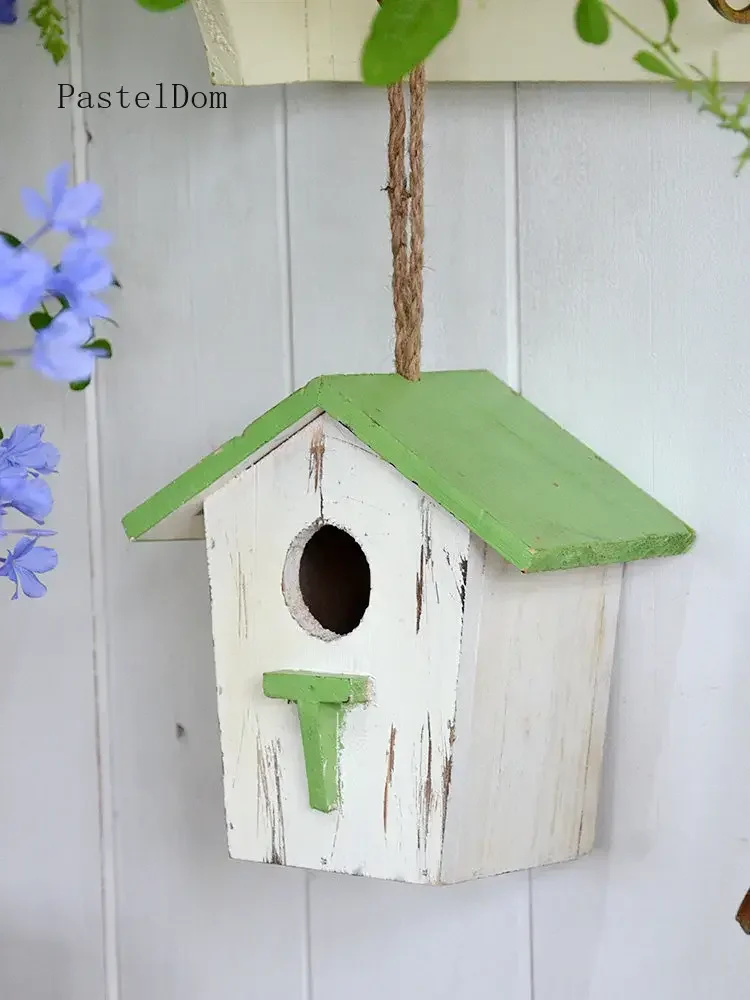Garden Decoration Rustic Vintage Solid Wood Bird House Small Nest Ornament Wall Hanging Home Decor