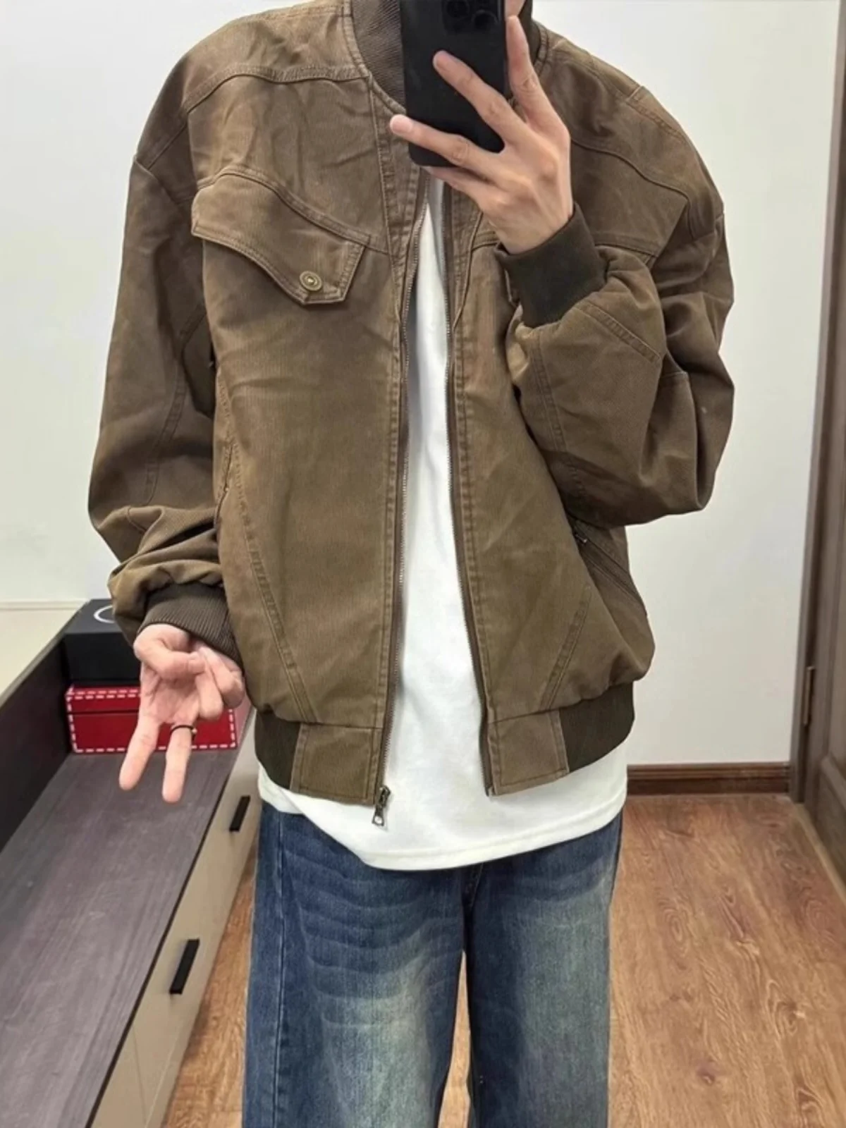 

Brown ort Baseball Sle Workwear Jaet for Men Spring Autumn Heavy Du Detroit Coat Vintage Youth Faion Windproof