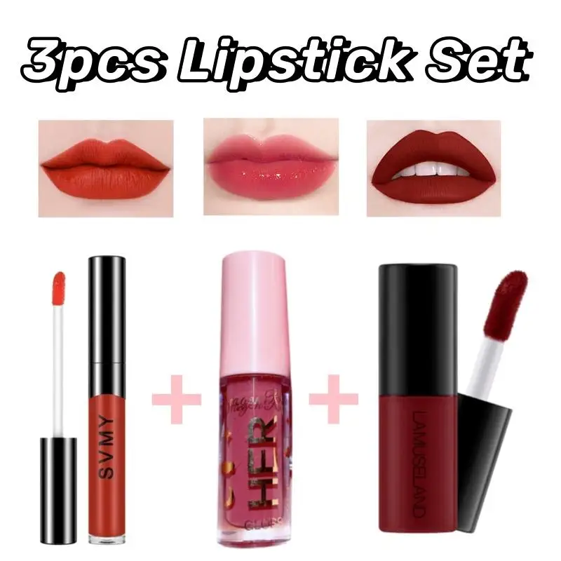 Velvet Matte Lip Mud Lipstick Set, impermeável, duradouro, Lip Gloss, maquiagem cosméticos para mulheres, 3pcs