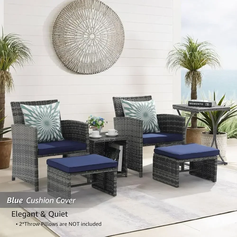 6-Piece Outdoor Grey Wicker Patio Furniture Set with Ottoman, Ideal for Balcony or Apartment, Navy Blue