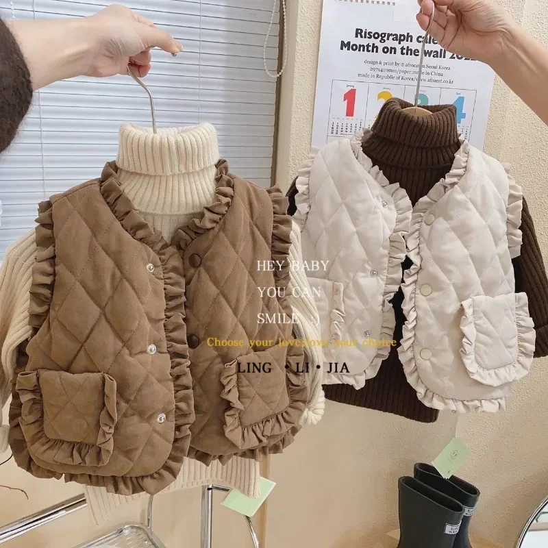 Vest Korea Childrens Clothing Girl Solid Color Winter Children Cotton Clip Keep Warm Loose Coat Tide 2024 Simple Fashion