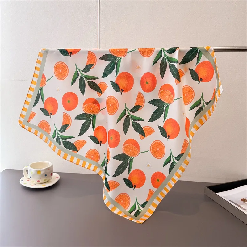 New Fashion Square Fruit Orange Juice Silk Scarf for Women Hijab Hair Bands 70cm Neckerchief Female Satin Shawl Bandana Headband