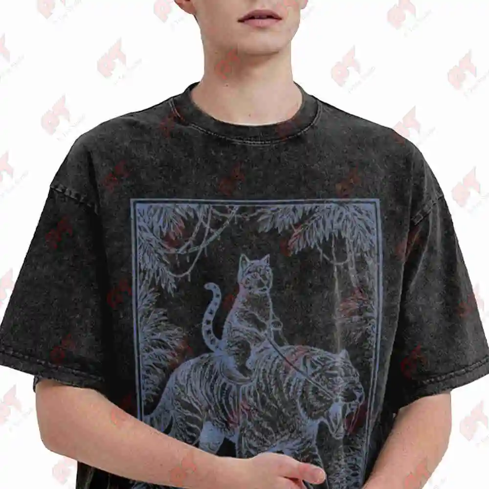 Cat Riding Sabertooth Tiger Vintage Toile Jungle Animal Vintage Washed Tee Pure Cotton T-Shirt