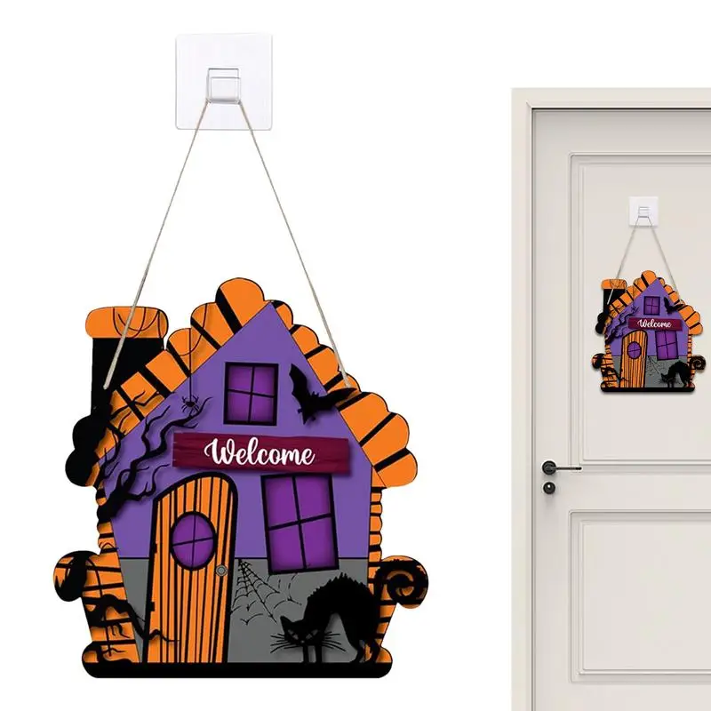 Halloween Hanging Door Wall Decor Wooden Plaque Happy Halloween Sign Haunted House Pattern