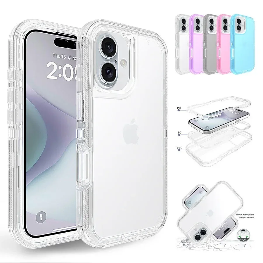 360 °   حافظة هاتف حماية شديدة التحمل لهاتف آيفون 17 Air 16e 16 15 14 13 12 11 Pro XS Max XR 8 7 Plus غطاء صلب مقاوم للصدمات ثلاثي الطبقات