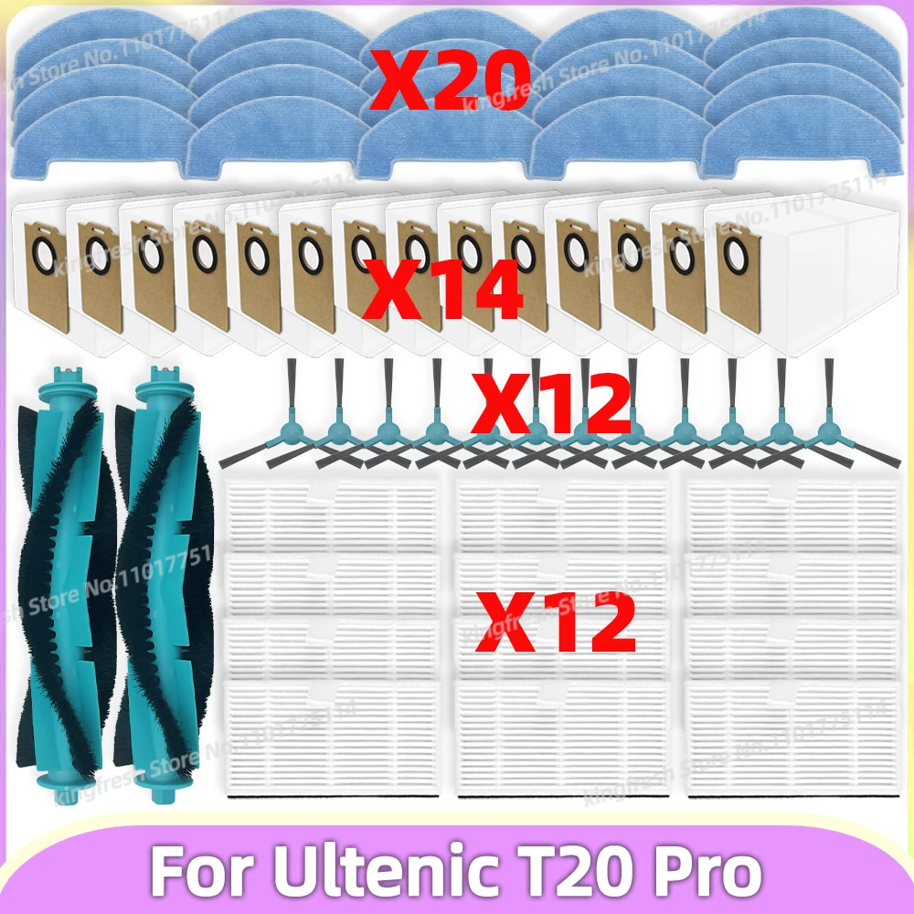 Compatible avec (Ultenic T20 Pro) Pièces pour aspirateur Brosse principale Brosse latérale Sac à poussière Filtre HEPA Chiffon de nettoyage Accessoires