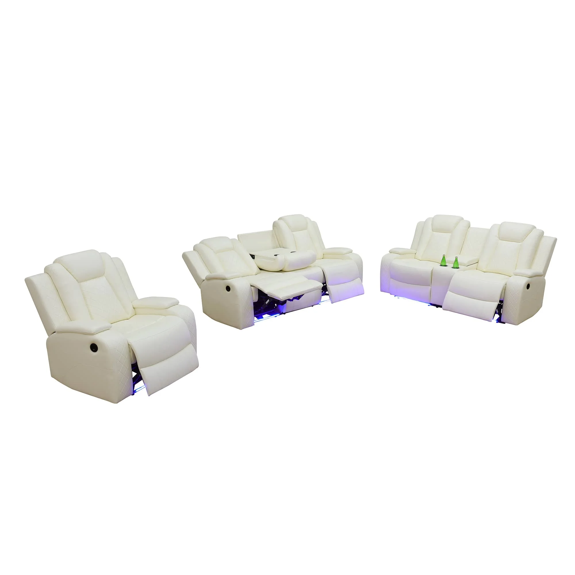 White Breathing Leather 3-Piece Living Room Recliner Sofa Set with Adjustable Headrests, Ambient LED Lighting, GNT4634