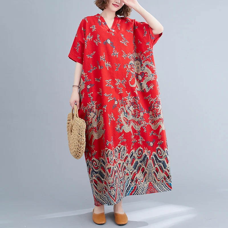 Vestido Midi de lino y aodón de talla ande con cuello en V por encima de la rodilla, vestido estampado hoado para mujer...