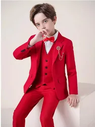 Children Red Photography Suit Flower Boys Jacket Vest Pants Bowtie 4PCS Ceremony Costume Kids Birthday Wedding Tuxedo Dress