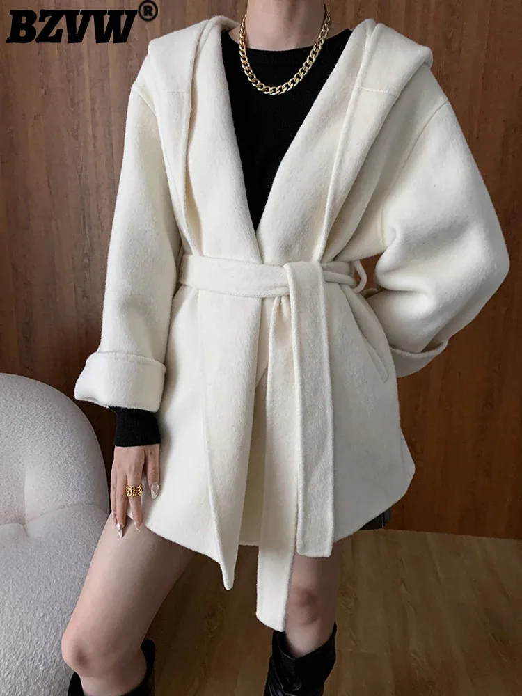 

BZVW Fashion Double Sided Woolen Coat Womne's Hooded Long Sleeves Belt Gathered Waist Short Coats 2024 Autumn New 25A9265