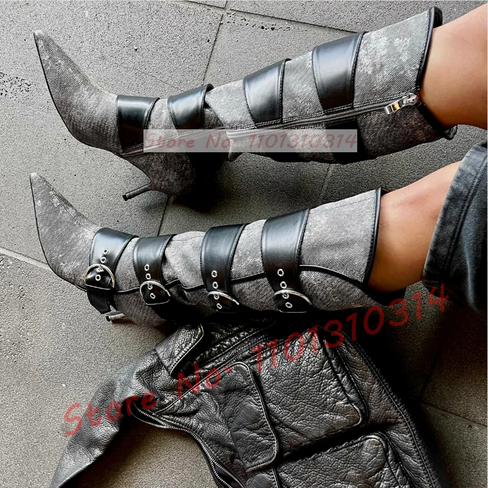 Black Washed Denim Knee High Boots Women Fashion Splicing Multi Belt Buckle Heels Sexy Shoes Pointy Toe Big Size Ladies Boots