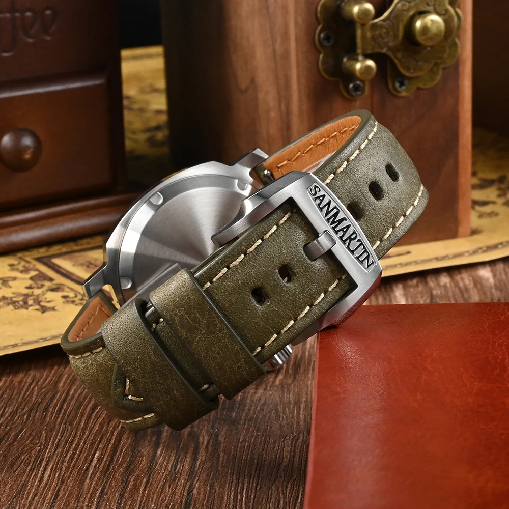 Montre Automatique Mécanique Vintage YN55 San Martin 40mm Étanchéité 10 Bar Modèle Classique pour Hommes Design Élégant et Durable SN0065 Fabriquée en Acier Inoxydable 316L avec Bracelet en Cuir et Fonction Luminova