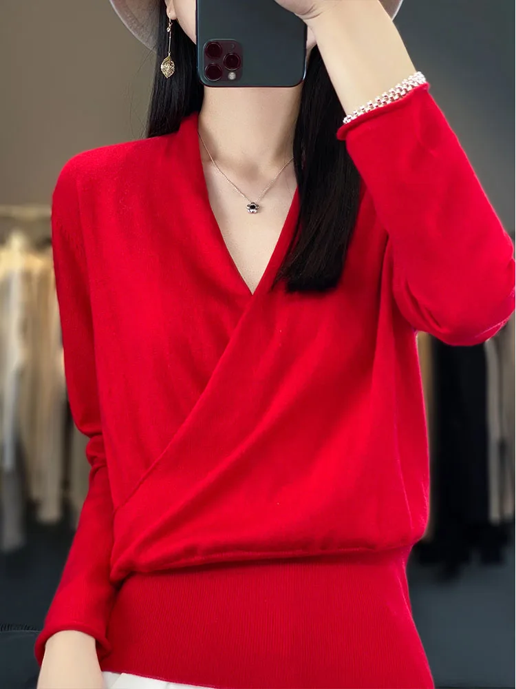 

Высокомягкий женский свитер из 100% мериносовой прядильной шерсти, осенне-зимний модный вязаный пуловер, однотонный джемпер, одежда с длинными рукавами, топы