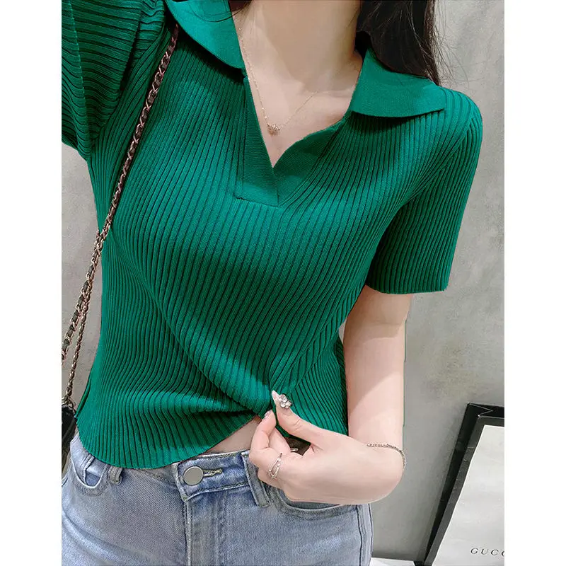 2024 Korean Version Simple Solid Color Knitted Sweater Short Sleeve Summer Slim Lapel Versatile Short Top