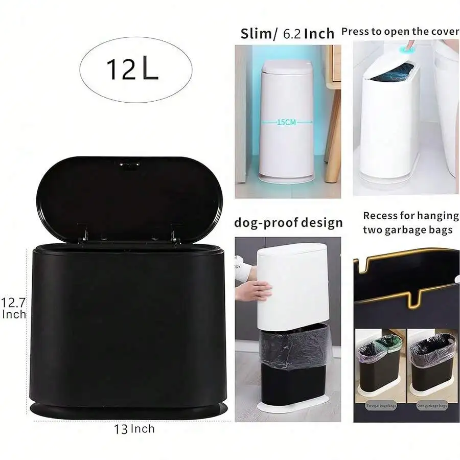 

Black Slim Press Top Trash Can 12L Narrow Dog Proof Plastic Waste Basket For Bathroom Kitchen Bedroom
