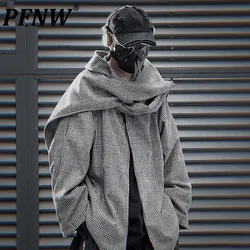 PFNW Dark Style Double Shoulder Scarf Design Woolen Coat For Men Loose Fit Casual Plaid Grey Bleeds Autumn Winter Trendy 12C1211