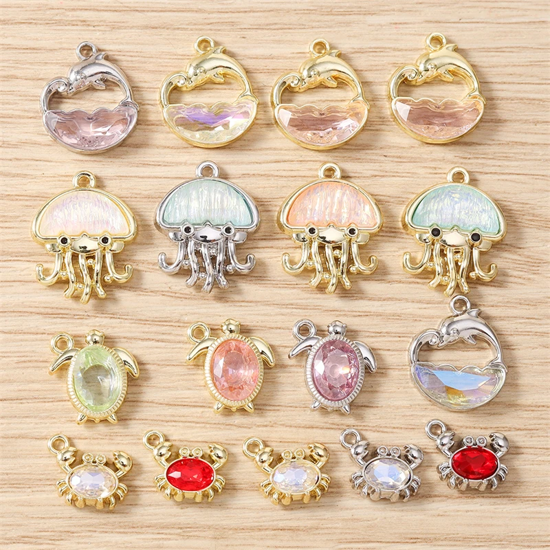5 Stück niedliche Kristall-Anhänger mit Motiven von Meerestieren wie Schildkröten, Krabben und Quallen zum Basteln von Ohrringen, Halsketten, DIY-Handarbeiten und Schmuckaccessoires. – Detail 1