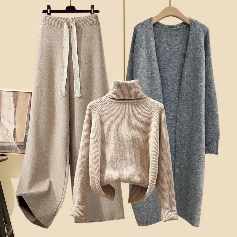 Autumn Set Women's Korean Style Lazy Open Cardigan Jacket Slimming Sweater Wide Leg Pants Three Piece Ensemble New 2024 ZL879