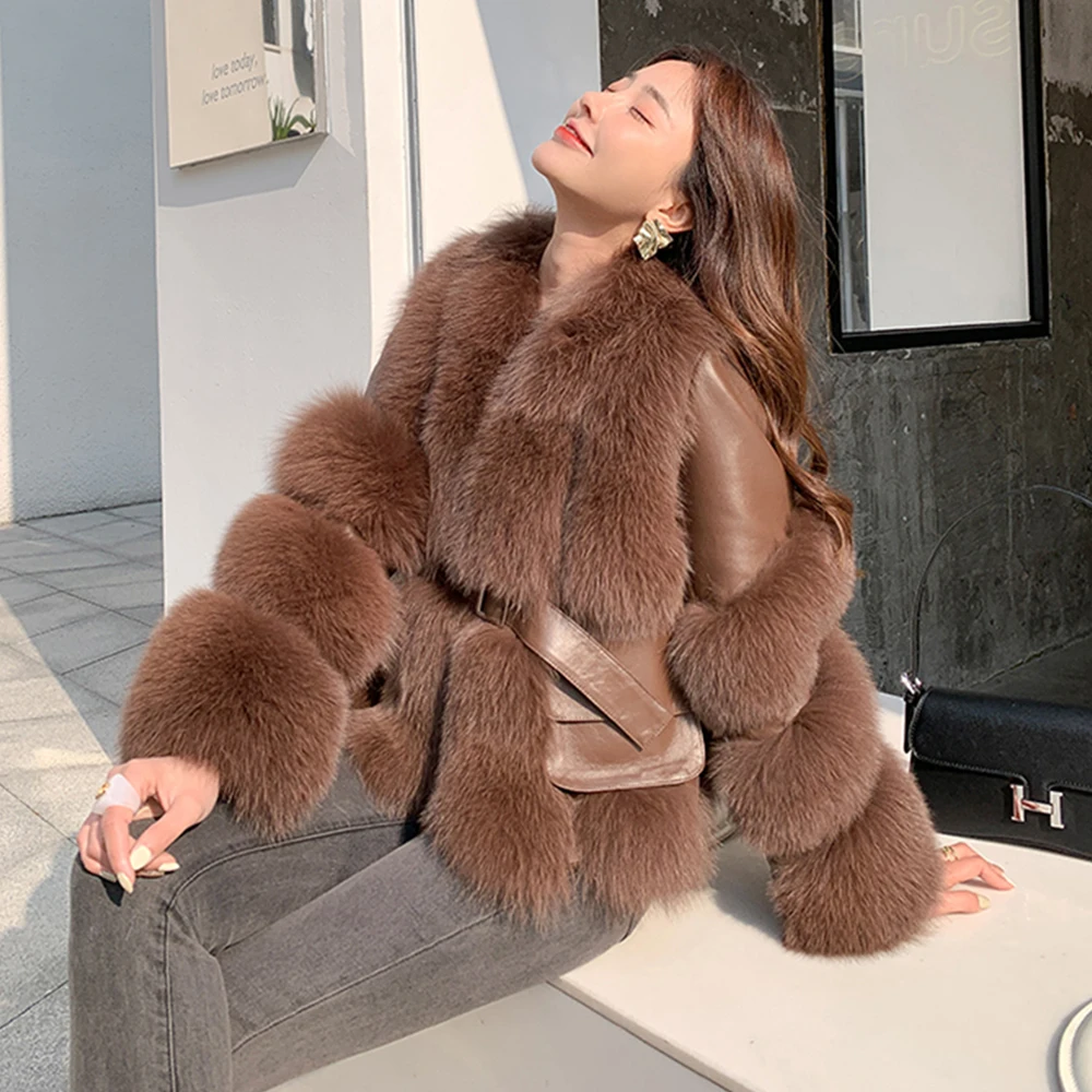 Lady Short Real Fox Fur Coats Genuine Sheepskin Leather Jackets Fashion Luxury Motorcycle Overcoats Thick Warm 2022 Winter 7943