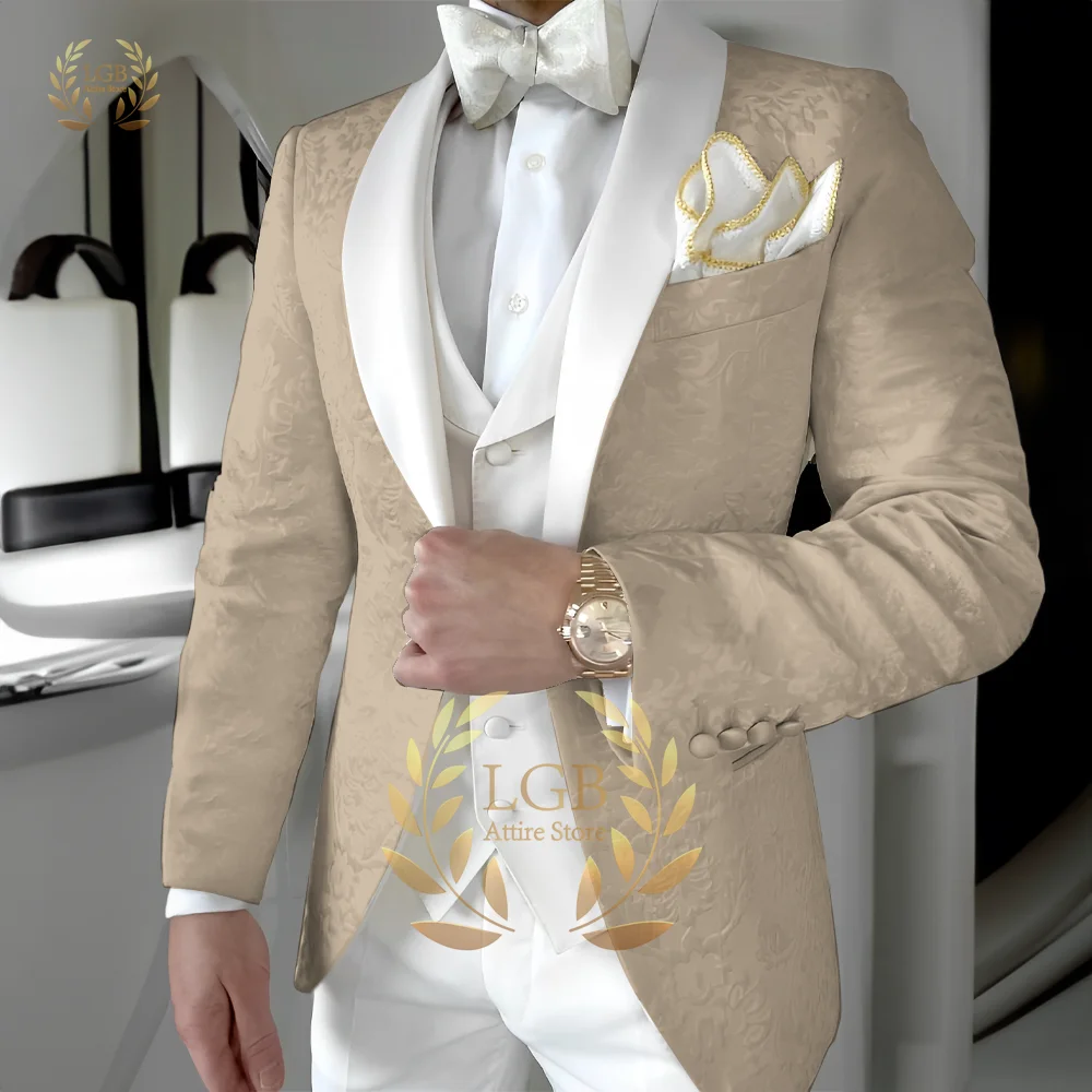 Men\'s jacquard jacket suit 3 piece suit (jacket + vest + pants) custom men\'s groom suit / party / cocktail tuxedo XS~5XL