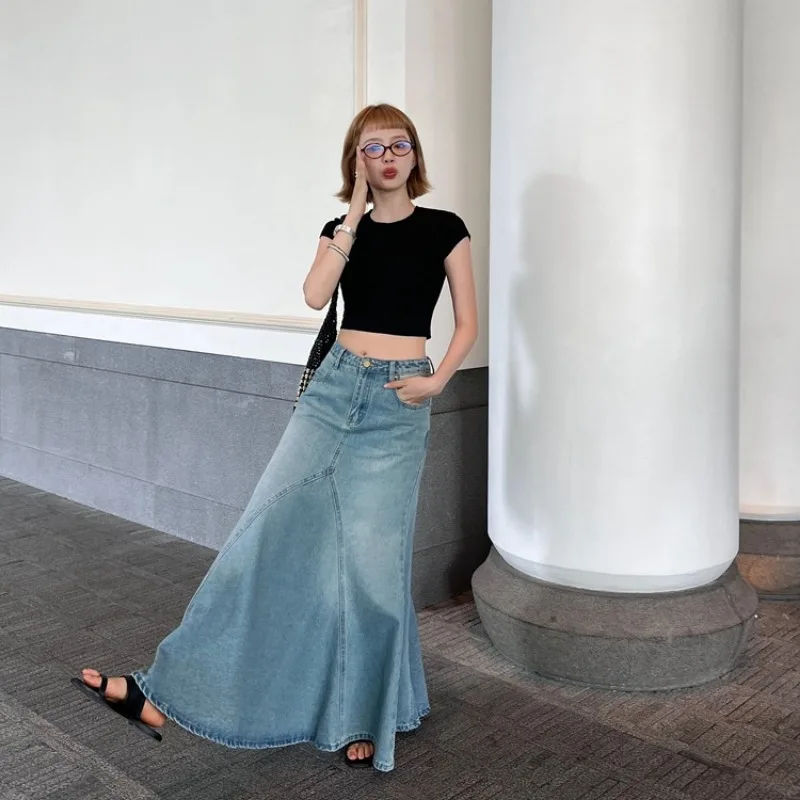 High Waisted A-line Fishtail Skirt Casual Blue Denim Skirt for Summer