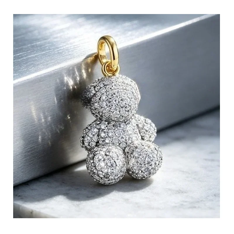 Two Tone Gold Bail Silver 3D Sitting Teddy Bear Charm Full Micro Pave Clear Zircon Sparkly Pendant For Bracelet Necklace Jewelry Gift