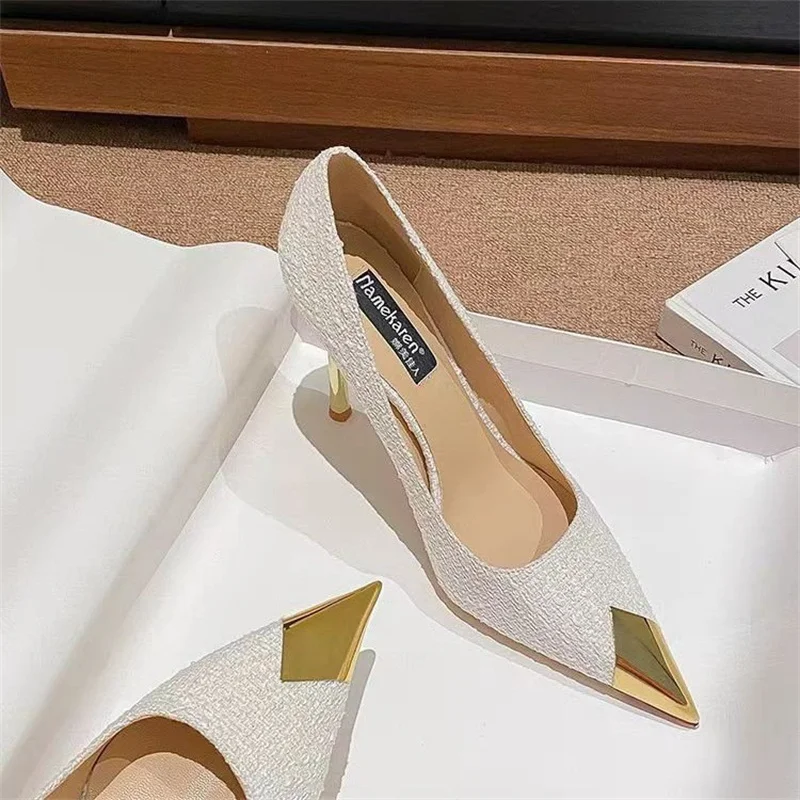 Women\'s Pointed Toe Thin Heel Shoes 2024 New Elegant Metal Temperament Shallow Shoes Sexy All-match High-quality Stiletto Shoes