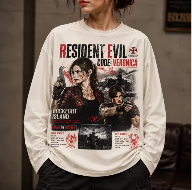 Resident Evil Code Veronica Long Sleeve T‑Shirt Women Men  Claire Redfield Steve Burnside Print Tee Retro Horror Game  Tops