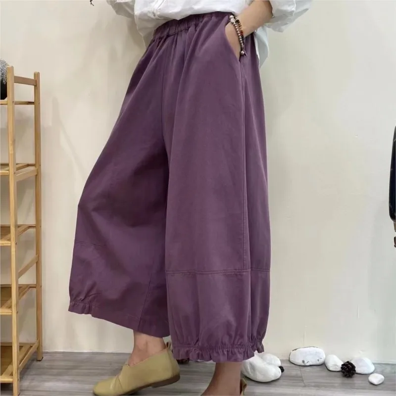 Johnature 2025 Summer New Cotton Bloomers Women New Japanese Solid Color Loose Versatile Elastic Pants Straight Wide-leg Pants