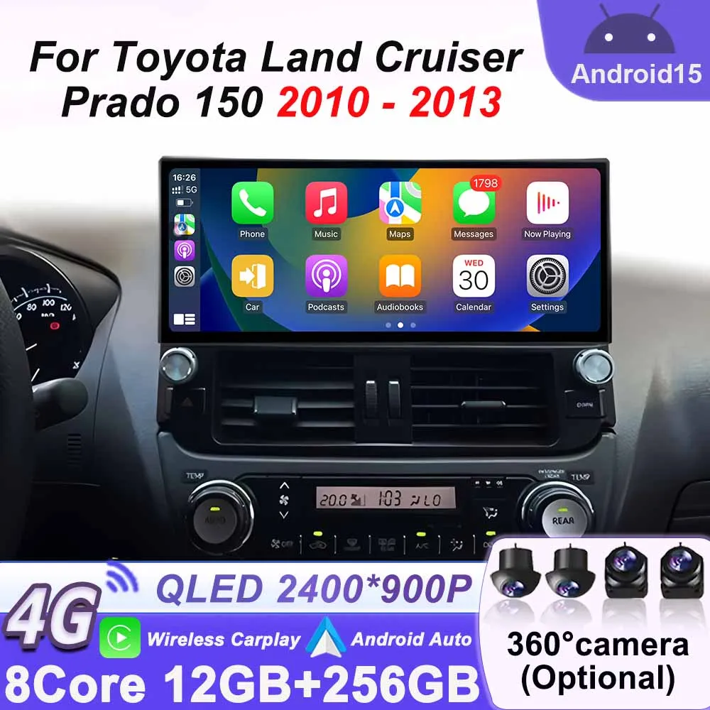 

12,3-дюймовый для Toyota Land Cruiser Prado 150 2010-2013, автомобильный радиоприемник, стерео BT, GPS-навигация, Android 15, автоматический мультимедийный видеоплеер