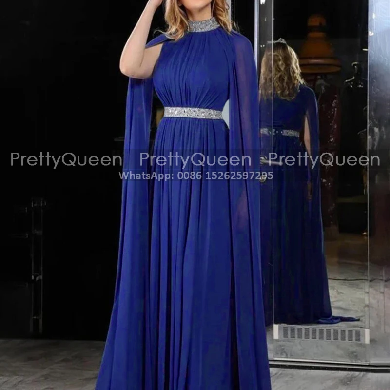 Customized A Line Long Mother Of The Bride Dresses Bling Sequins Beaded High Neck Royal Blue Chiffon Prom Dress Party Formal