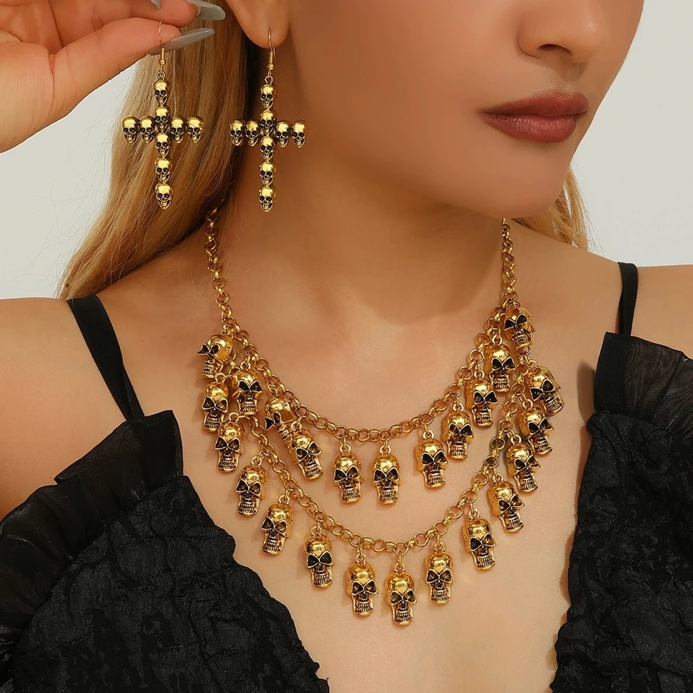 مجموعة مجوهرات الهالوين القوطية الشرير خمر طبقة مزدوجة سبيكة الجمجمة شرابة قلادة وأقراط النساء اكسسوارات الحفلات #1
