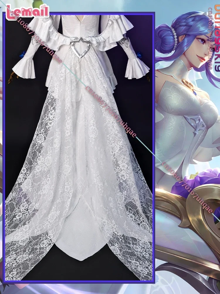 أزياء كوسبلاي كريستال روز سونا التأثيرية لعبة دوري الأساطير ملابس لعب الأدوار فستان أبيض طقم شعر مستعار أنيمي للحفلات Unifo