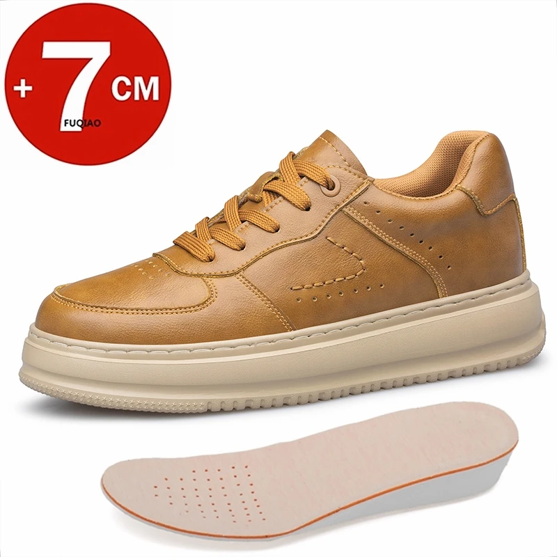 

Men's Casual Leather Chunky Elevator Sneakers 7cm Height Increasing Shoes Breathable Comfortable Fashion Thick Soled Lift Sports