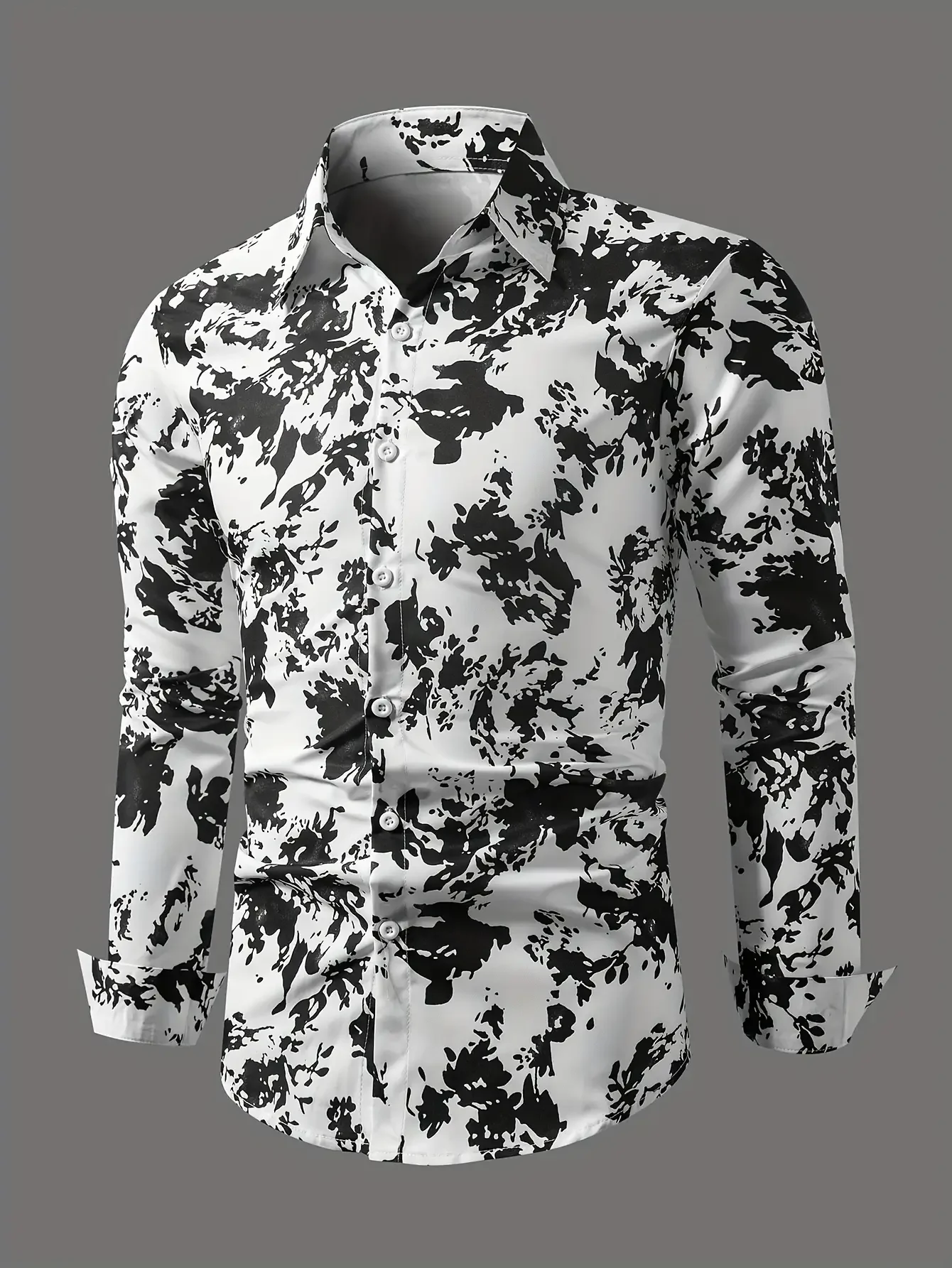 

Men's casual long sleeved button up shirt - abstract ink print, polyester fiber, non stretch fabric,