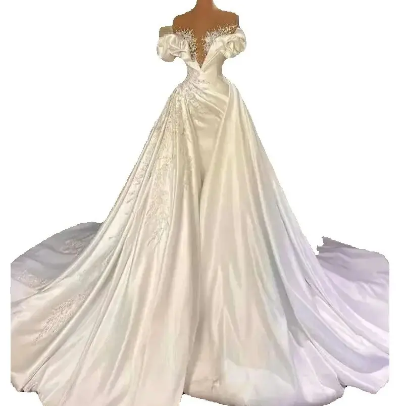 맞춤형 스위트하트 반짝이는 진주 비즈 인어 웨딩 드레스 탈부착 가능한 트레인 포함 교회용 신부 드레스