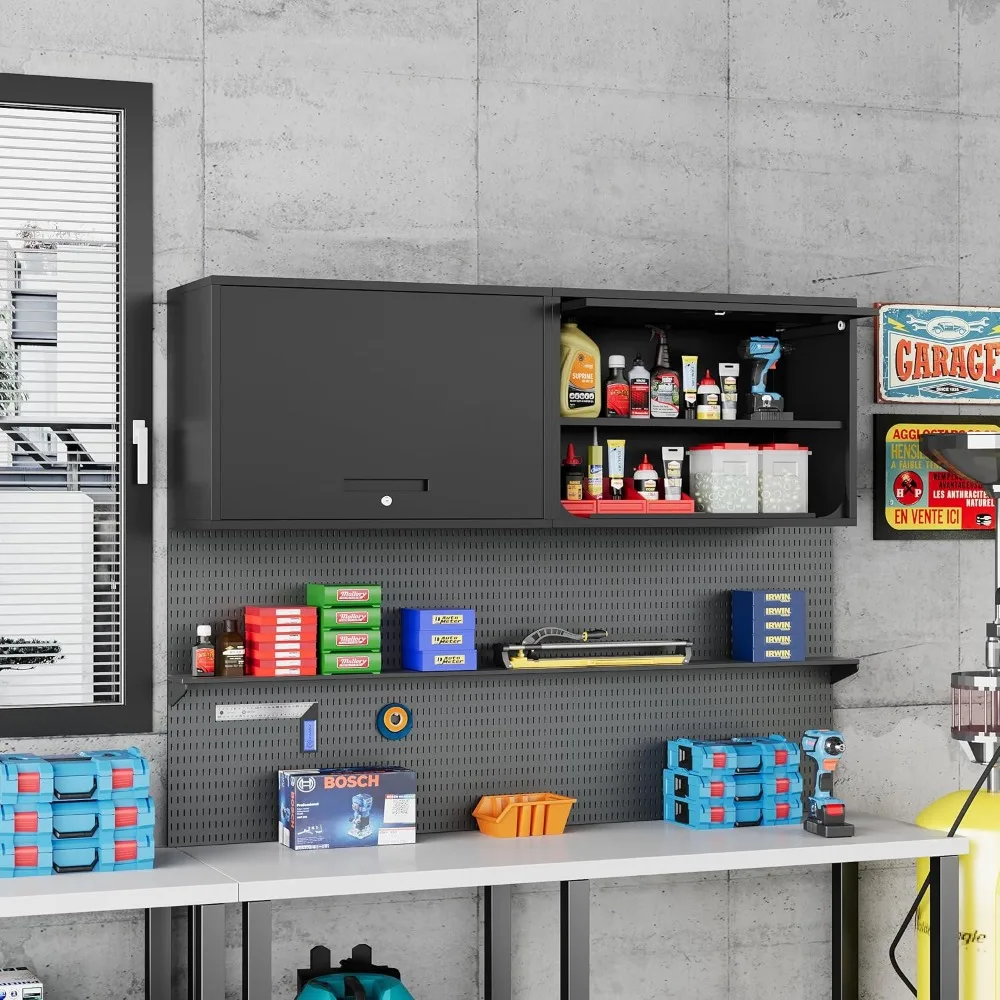 Black Metal Wall-Mounted Storage Cabinet with Shelf and Lock for Garage, Warehouse, Home Organization
