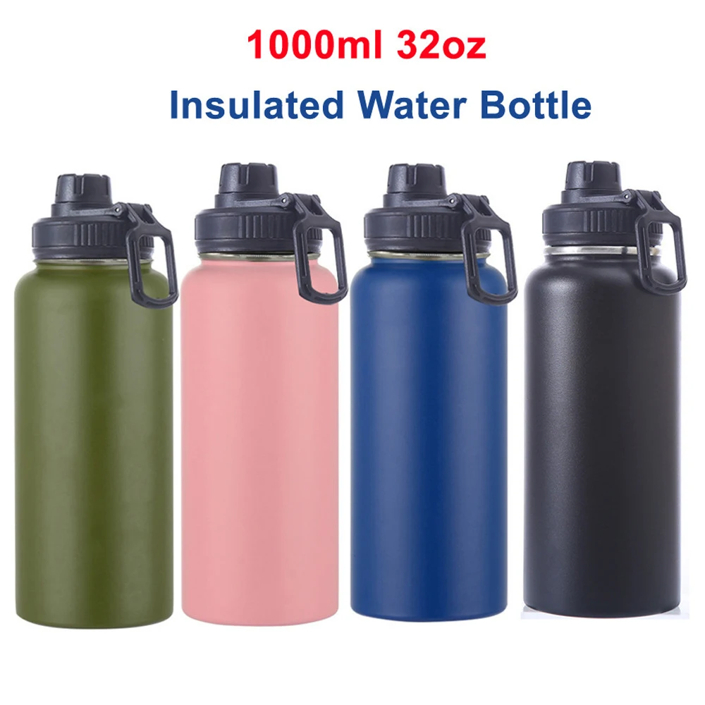 Botella de agua aislada de 32 oz, frasco deportivo de 1 litro de acero inoxidable de doble pared al vacío, de boca ancha, con tapa de pico a prueba