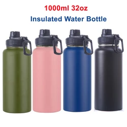 Botella de agua aislada de 32 oz, frasco deportivo de 1 litro de acero inoxidable de doble pared al vacío, de boca ancha, con tapa de pico a prueba de fugas