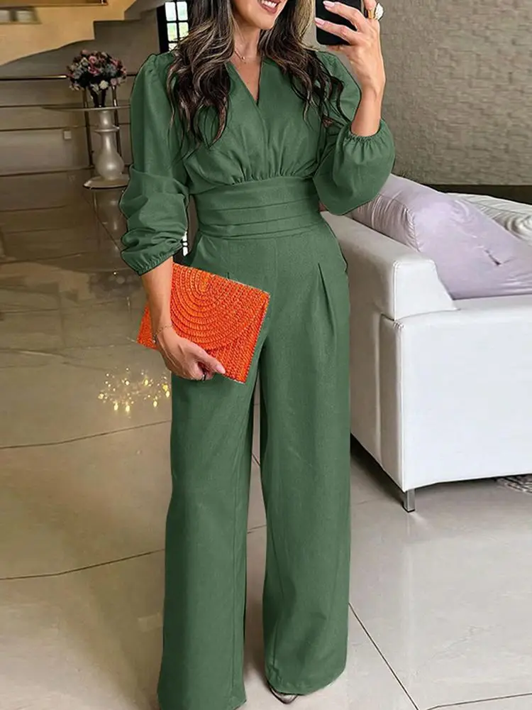 VONDA Fashion Solid Color Wide Leg Jumpsuits Women Autumn Long Sleeve V-neck Romper Vintage Lantern Sleeve High Waist Playsuits