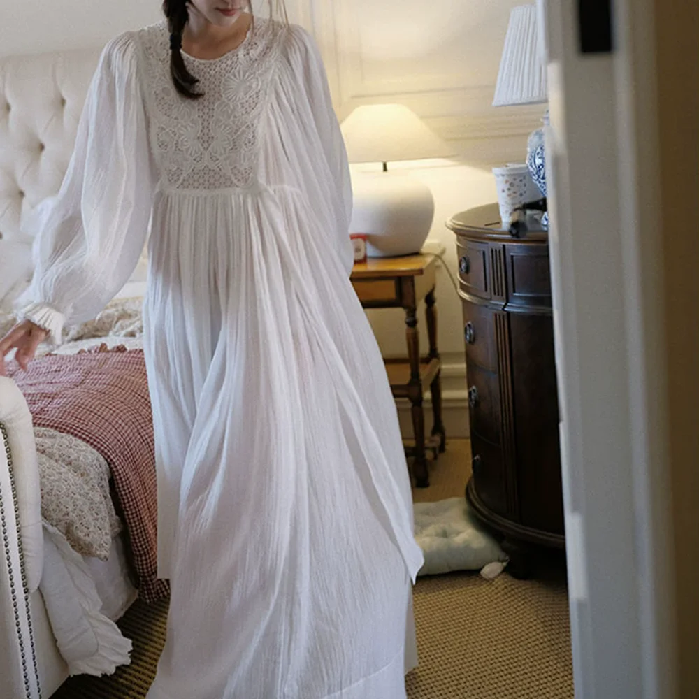 

Новая женская длинная ночная рубашка из 100% хлопка с жаккардовым узором, белая, в винтажном дворцовом стиле, с вышивкой, для дома и сна, утренний халат, коллекция 2026 года