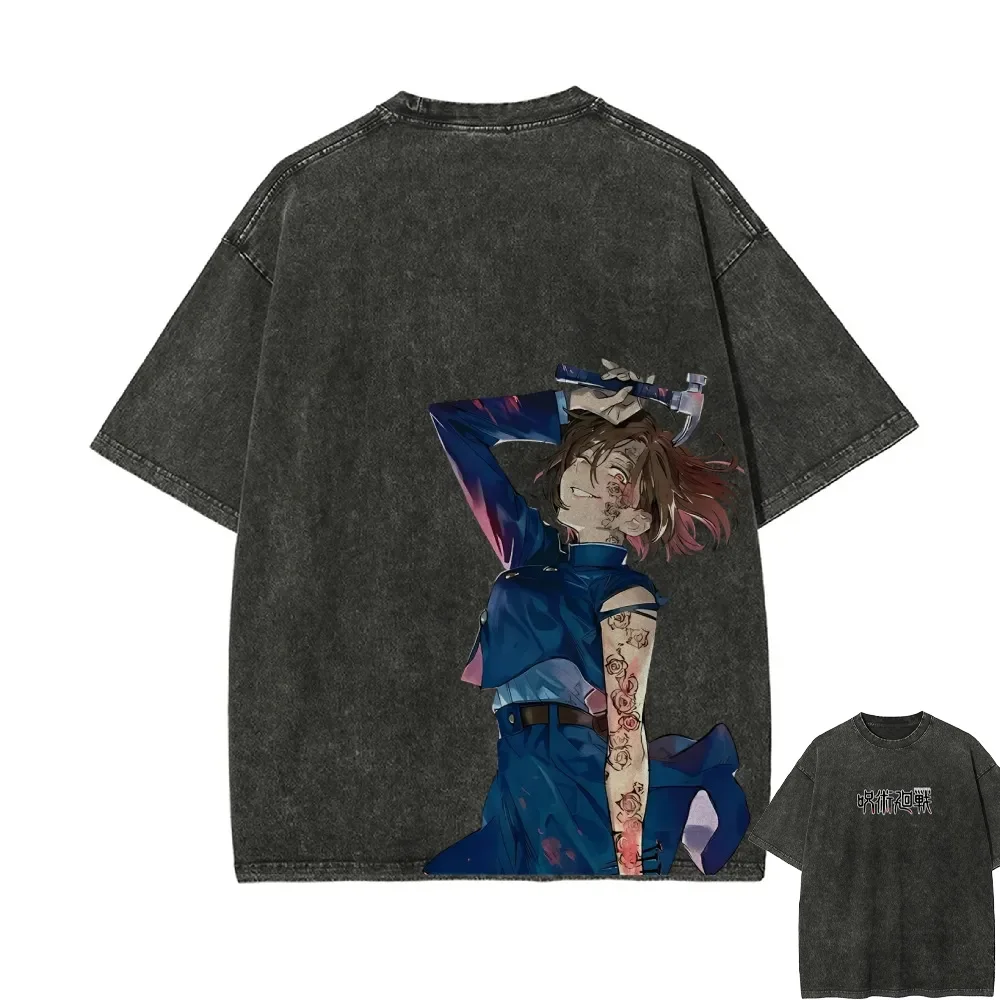 

Nobara Kugisaki T Shirt Jujutsu Kaisen Men Acid Wash Nobara Rose Tattoo Battle Pose Anime Streetwear Tee