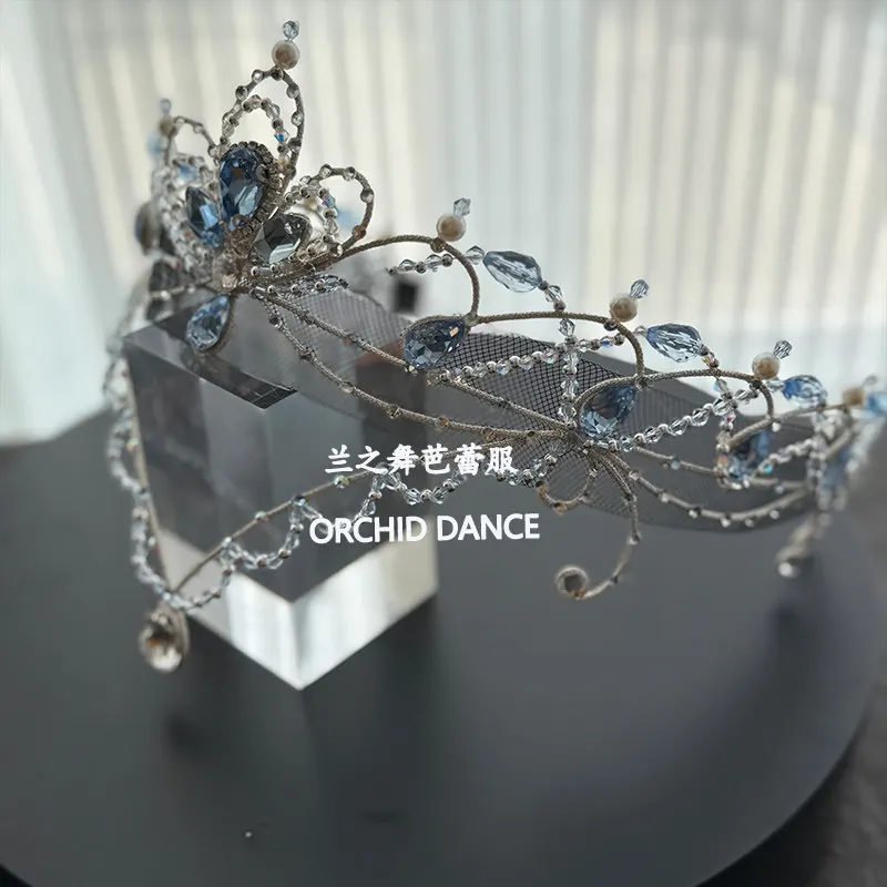 Ballet crown headpiece hollow scroll blue tone rhinestone tiara with double‑layer water drop forehead pendant for ballet solo st