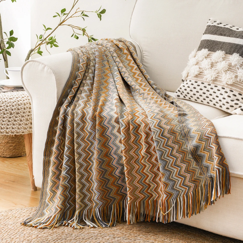 Battilo Boho Throw Blanket Lightweight Knit Throw With Tassels Bohemian Woven Sofa Blankets Soft Bed Plaid Decorative Blanket