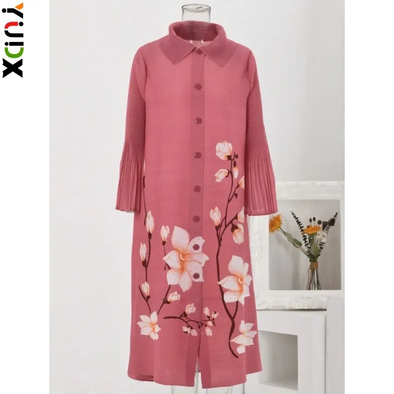 

YUDX Miyake Floral Print Pleated Dress Women's Lapel Single Breasted Dresses Female Elegant Festival Clothing 2024 Autumn New