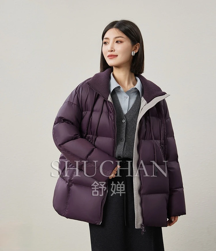 Good Quality, Fashionable Drawstring Knitted Stand-up Collar 90% White Duck Down Down Jacket Women