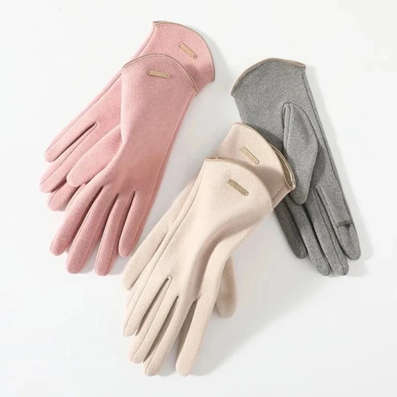 Women Autumn Winter Keep Warm Touch Screen Thin Solid Simple Gloves Cycling Drive Suede Fabric Elegant Windproof